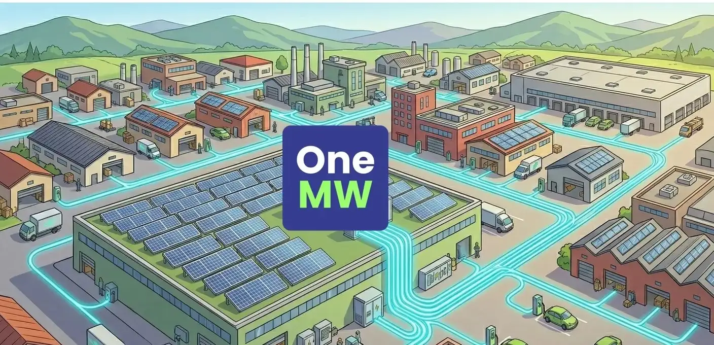 Illustration d'une zone d'activité : la toiture d'un bâtiment couverte de panneaux solaires OneMW, reliée par des câbles lumineux aux entreprises voisines