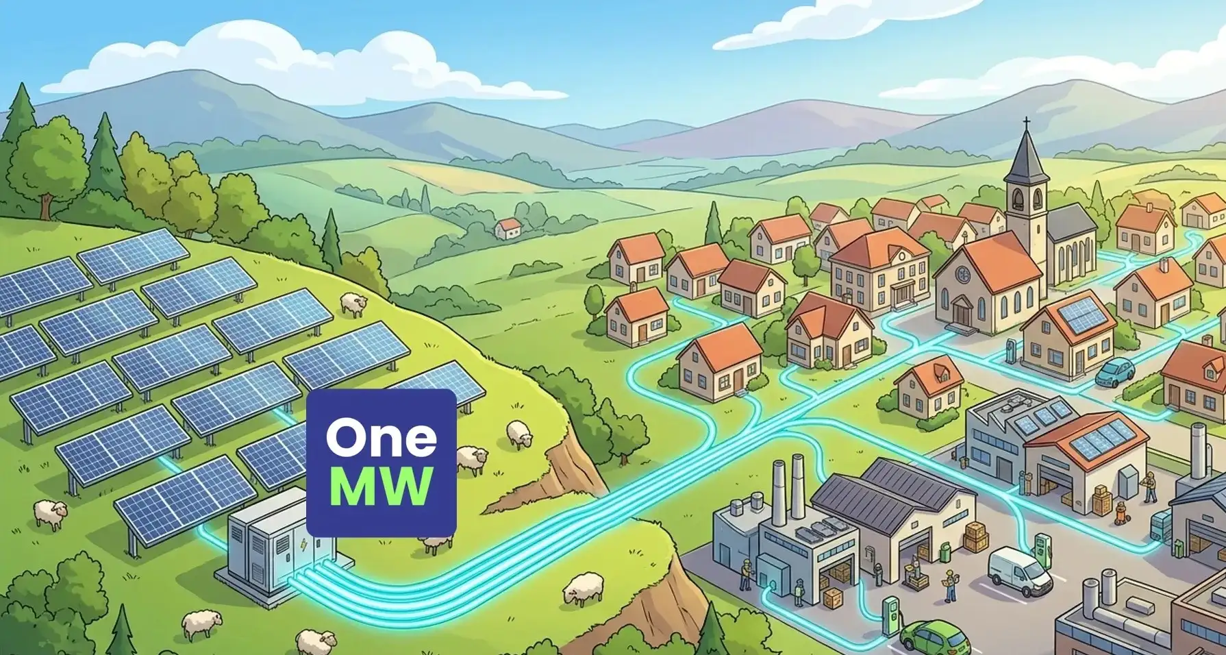 Illustration d'une centrale solaire au sol OneMW sur une colline, reliée par des câbles lumineux aux maisons d'un village et aux bâtiments d'une zone d'activité voisine