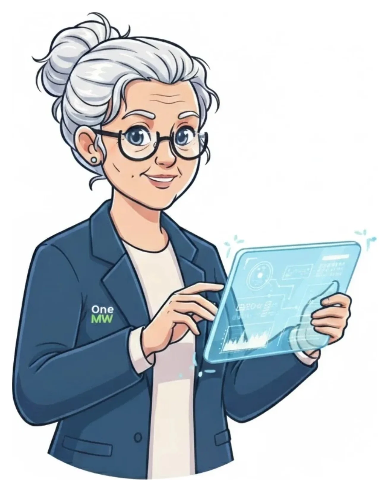 Simone, la plateforme OneMW, représentée en dame aux cheveux gris, lunettes et veste OneMW, tenant une tablette